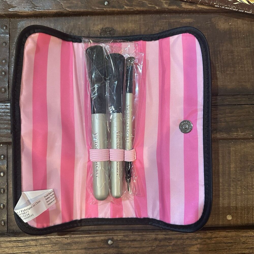 Victoria's Secret Travel Makeup Brush Set Black Case Brushes GOAT Pony Hair